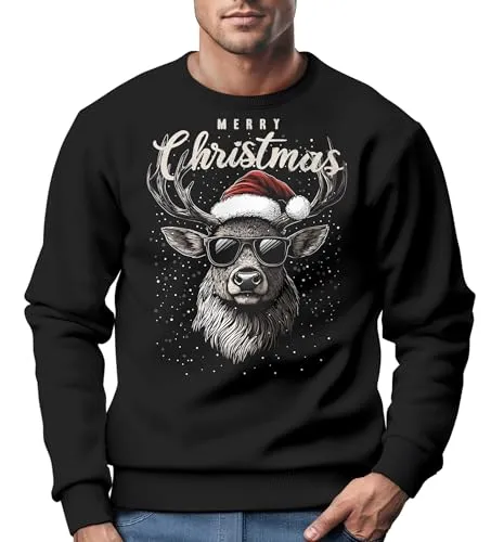 MoonWorks® Sweatshirt Herren Weihnachtspullover Rentier Hirsch mit Weihnachtsmütze Schriftzug Merry Christmas Xmas Schwarz 4XL
