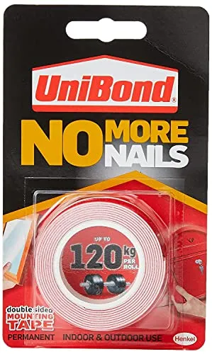 UniBond No More Nails On A Roll, doppelseitiges Klebeband für zuverlässige sofortige Verklebung, Mehrzweck-Klebeband, Klebestreifen für den Innen- und Außenbereich, 19 mm x 1,5 m Rolle