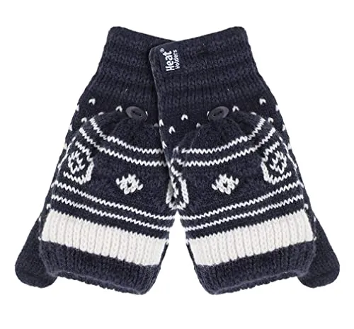 HEAT HOLDERS - Damen Thermo Fleece Norwegermuster Fingerlose Fäustlinge mit Daumen (One Size, Navy (Stockholm))