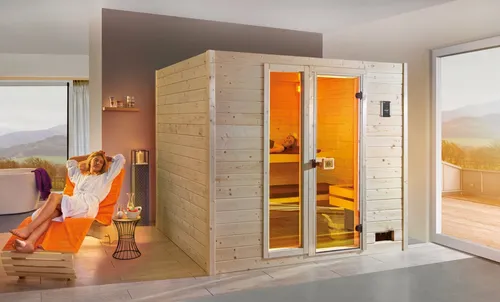 Weka Massivholzsauna Valida 9,0 kW mit Glastür und Ofenset - Massivholzsauna für optimale Raumausnutzung, gefertigt aus 38 mm starken Fichtenblockbohlen, inkl. 9 kW Ofenset für finnisches Saunieren und elegante Ganzglastür für ein offenes Raumgefühl.