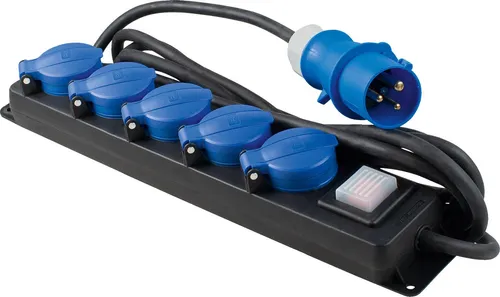 as-Schwabe CEE-Stromverteiler 38619 Camping - Mobil einsetzbarer Stromverteiler für Außenbereiche, IP44 spritzwassergeschützt, mit 5 Schutzkontaktsteckdosen und 4,5m Anschlusskabel für flexible Nutzung.