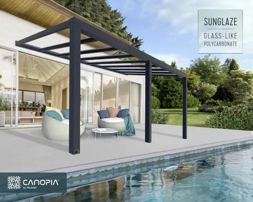 Palram - Canopia Terrassenüberdachung Stockholm 3,4 m x 5,9 m - Moderne Terrassenüberdachung mit robustem, rostbeständigem Aluminium und schraubenlosem Dachsystem. Genießen Sie Ihre Terrasse ganzjährig wettergeschützt und in elegantem Design.
