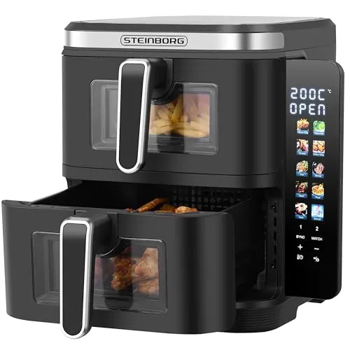 Steinborg® Heissluftfritteuse Doppelkammer 11 Liter Heißluft-Frittieren Heißluftfritteuse 2 vertikale Schubladen 5,5L+5,5L Grillen Backen Dörren Frittieren Friteuse ohne Öl Heißluftofen Heißluftgrill