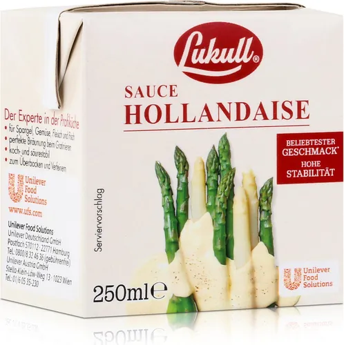 Lukull Sauce Hollandaise - 250 ml - Delikate Sauce hollandaise, perfekt für Spargel und Fischgerichte. Mit 50% pflanzlichen Ölen für einen cremigen Geschmack!