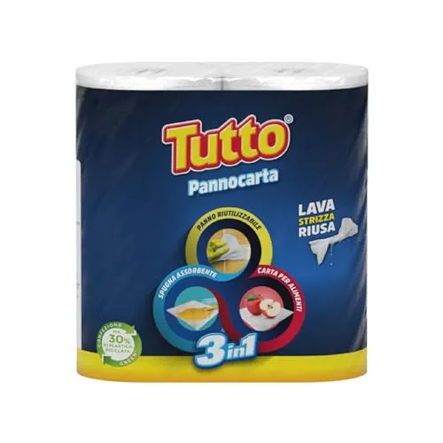 Tutto Pannocarta 3 in 1, 2 Rollen Mehrzweck-Papier, 1 Schicht, 48 x Risse, extra saugfähig, waschbar und mehr als 20 Mal wiederverwendbar, 100% Made in Italy