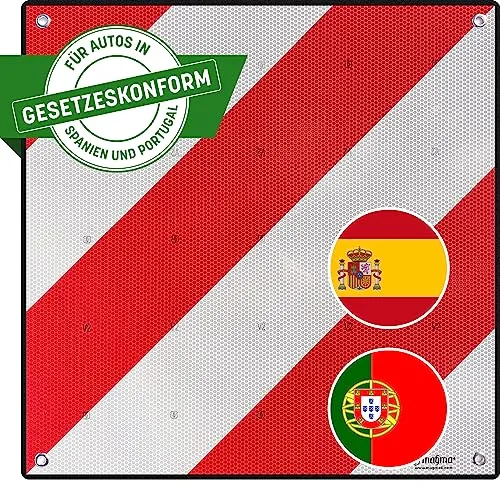 MAGMA Warntafel für hinten, Spanien. Für Fahrradträger, Heckträger, Anhänger, Warnschild für Wohnwagen, Wohnmobil, Auto. Urlaub, Camping, Abschleppen Rot-weiße Streifen, reflektierend