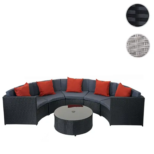 Poly-Rattan Garnitur rund HWC-E17 - Garten-Set Sitzgruppe schwarz mit terracotta Kissen - Gartenmöbel-Set mit 5 Sitzplätzen und pflegeleichtem Poly-Rattan, inklusive wasserabweisenden Kissen und Tisch mit Sonnenschirm-Aussparung für entspannte Stunden im Freien.