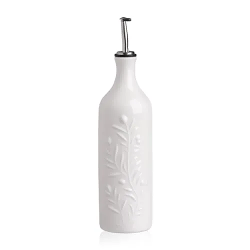 Sweejar Home Große Keramik-Olivenöl-Spenderflasche, 700ml Relief undurchsichtige Öl-Menage schützt Öl zur Reduzierung der Oxidation, Ölspender für EVOO, Essig, Sojasauce, 1er-Pack (Weiß)