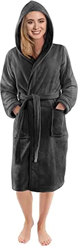 NY Threads Morgenmantel Damen mit Kapuze Fleece Plüsch Weich Bademantel Nachtwäsche Hausmantel (Mittel,Dunkelgrau)