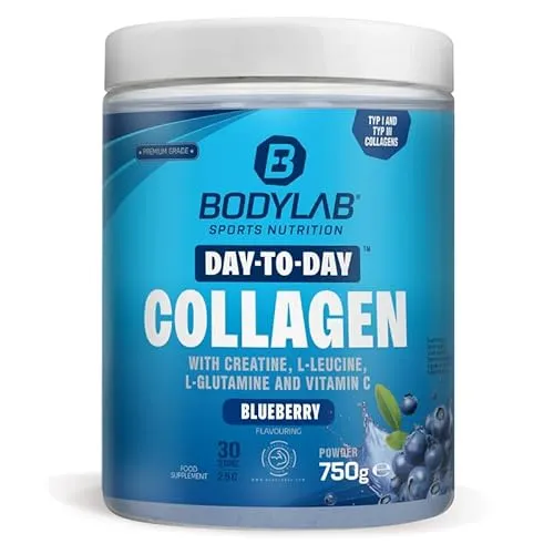 Bodylab24 Day to Day Blaubeere 750g, Kollagen-Hydrolysat kombiniert u.a. mit Glutamin, Leucin, Kreatin und Vitamin C, mit Kollagen-Peptiden der Typen 1 und 3, sehr gute Löslichkeit