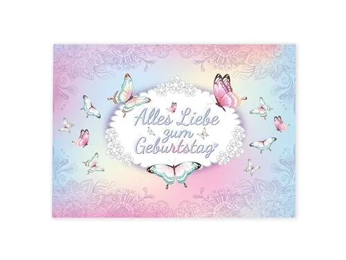 XXL A4 Glückwunschkarte zum Geburtstag Geburtstagskarte Grußkarte Happy Birthday Mädchen Mädels Schmetterlinge Blumen Elegant große Klappkarte Gratulazionskarte