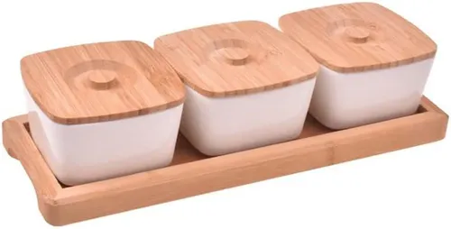 hausleben Dipschale Dipschalen Set mit 3 Schälchen + 3 Bambusdeckel und Tablett aus Bambus, (1-tlg), Tablett aus Bambus