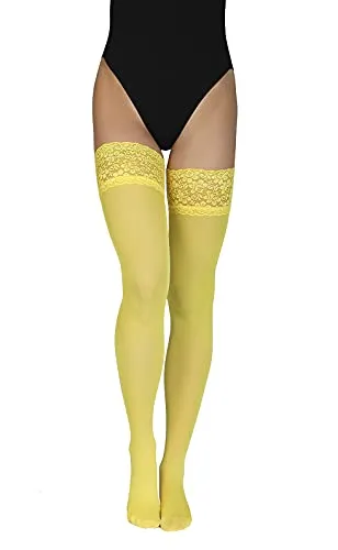 Annes styling Truss 60 DEN Damen Halterlose Mikrofaser Strümpfe mit Spitze Hoch Blickdicht Dessous Strumpfwaren Silikonoberteil, Giallo Gr. TG-3/4