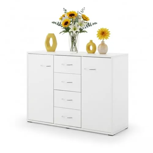 Sweetcrispy komodenschrank, 4 Schubladen & 2 Türen,Weiß, 88 × 30 × 64 cm