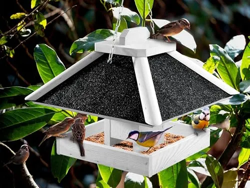 Vogelfutterhaus zum Aufhängen - Wetterfestes Holz-Bird House - Futterstationen für Wildvögel: Robustes, wetterfestes Kiefernholz mit schrägem Dach für optimalen Wetterschutz und einfaches Befüllen – ideal für Gärten und Balkone.