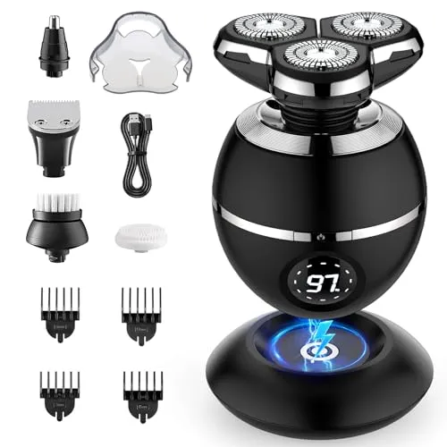 ETENTOUS 5-in-1 Elektrorasierer Herren - Rotationsrasierer für Herren mit IPX7 Wasserdichtigkeit, ideal für Nass- und Trockenrasur. Inklusive 5 Pflegeaufsätzen für vielseitige Anwendung und kabelloses Laden für maximale Flexibilität.