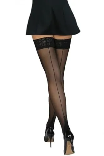 Annes styling Damen Strümpfe mit Rückennaht, 20 Denier, sinnliche Strümpfe, sexy Spitzenoberteil, hoher Oberschenkel mit Silikon, Nero TG-7/8
