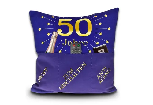 Bada Bing Dekokissen Kissen zum 50sten Geburtstag mit Taschen zum befüllen Geschenkidee, mit 3 Taschen zum befüllen