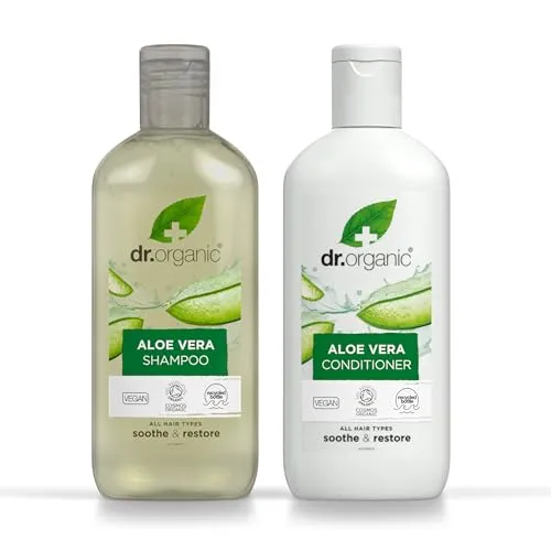 Dr Organic Aloe Vera Shampoo & Conditioner Set mit Reisetasche, beruhigend, für alle Haartypen, natürlich, vegan, tierversuchsfrei, biologisch, 265 ml