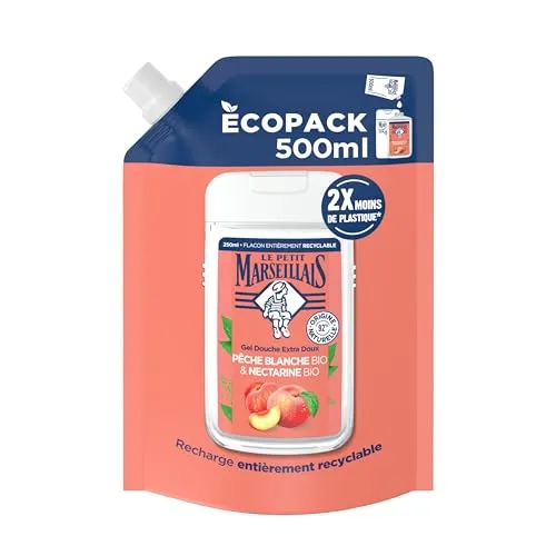 Le Pe Marseillais | Nachfüllpack Duschgel, extra sanft, Pfirsich, Weiß, Bio & Bio-Nektarine (500 ml Ökopack) – 92 % Inhaltsstoffe natürlichen Ursprungs – pH-hautneutral und ohne Farbstoffe