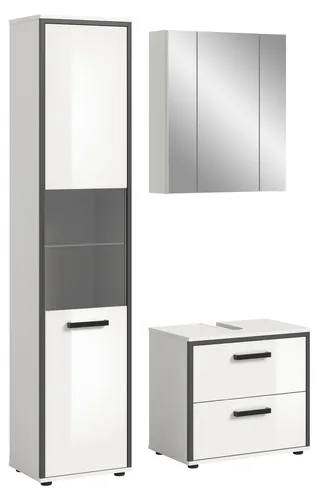 Mid.you Badezimmermöbelset 3-teilig in Weiß Hochglanz - Elegantes 3-teiliges Badezimmermöbelset in Weiß Hochglanz mit stilvollem Holzoptik-Design. Mit 8 Fächern und 2 Schubladen für optimalen Stauraum – ideal für Ihr modernes Bad.