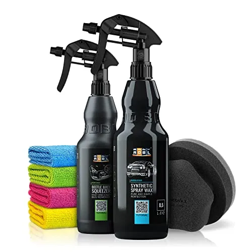Autopflege Set: ADBL Synthetic Spray Wax Sprühversiegelung + Beetle Juice Squeezer Insektenentfenrer mit Handapplikator + 4x Mikrofasertuch - Lackreiniger, Detailer, Auto Wachs, Sprühwachs | 7-teilig