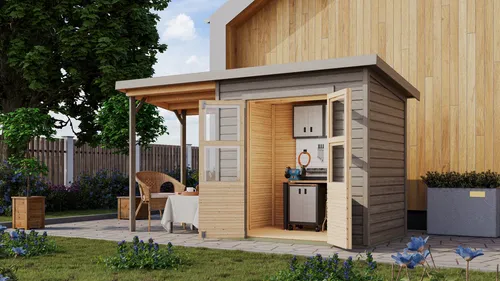Karibu Gartenhaus »Merseburg 3« mit Anbaudach, 212x154 cm, aus Fichtenholz - Hochwertiges Gartenhaus aus 14 mm Fichtenholz, mit praktischem Anbaudach und einfacher Montage. Ideal für optimale Raumnutzung und Witterungsschutz.