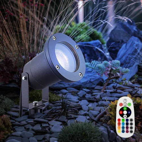 Gartenstrahler mit Erdspieß - dimmbar und farbwechselnd - Lampen für den Außenbereich, schwenkbarer Leuchtkopf und IP65 Schutz für Wetterbeständigkeit. Mit Fernbedienung und 16 Farben für individuelle Beleuchtung.