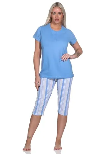 Normann Eleganter Damen Capri Pyjama, Schlafanzug mit Knopfleiste und ¾ Capri Hose, Farbe:blau, Größe:44-46