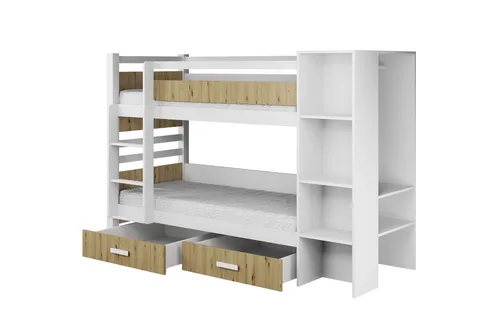 Deine Möbel 24 Etagenbett AGNES 90x200 cm mit Regal, Kleiderstange und 2 Schubladen (Set, 1-St., Multifunktionsbett Kinderbett, Leiter links / rechts), aus Massivholz Kiefer, Weiß / Eiche Artisan / Graphit