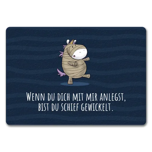 Einhorn-Mumie Fußmatte in 35x50 cm ohne Rand mit Spruch Du bist schief gewickelt