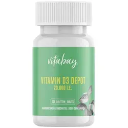 Vitamin D3 Depot 20.000 I.E. Cholecalciferol Tabletten - Nahrungsergänzungsmittel zur Unterstützung der normalen Knochen, Muskeln und Immunsystemfunktion mit 20.000 I.E. Vitamin D3 pro Tablette, ideal für vegane Ernährung.