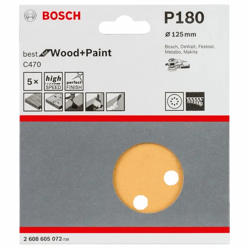 Bosch Schleifblatt C470 für Exzenterschleifer, 125 mm, 180, 8 Löcher, 5er-Pack