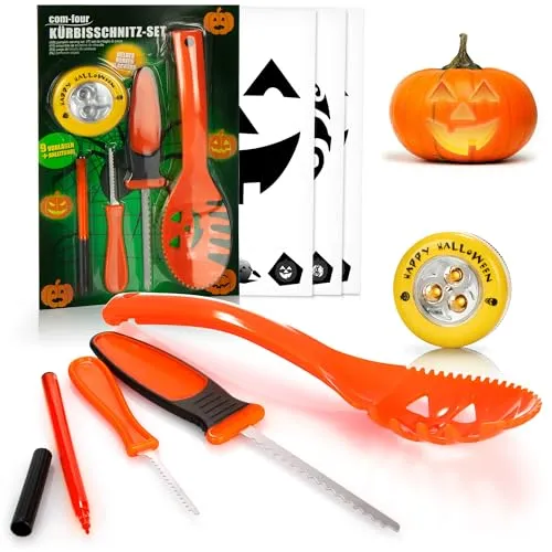 com-four® 14-teiliges Kürbis Schnitz-Set für Halloween - Schneide-Werkzeuge zum Aushöhlen von Kürbissen - Messer, Löffel, Stift, Schablonen und LED Kürbislicht (orange mit LED)