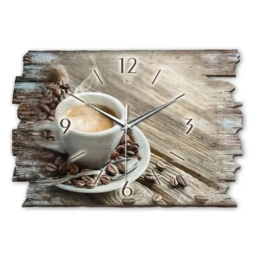 Kreative Feder Designer Wanduhr „Kaffee“ aus Holz 40x27cm - Wanduhren im Shabby Style mit flüsterleisem Uhrwerk für ruhige Umgebungen. Handgefertigt in Deutschland, ideal für jeden Raum und als Geschenk.