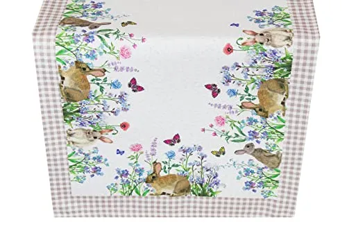 KAMACA Tischläufer Frühling Ostern Blumen Hasen Dekor Osterhasen Ostereier Bunt Waschbar Küche Esstisch Tisch Dekoration (40x140cm Häschen in der Blumenwiese)