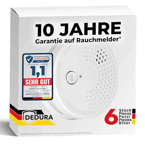 dedura Rauchmelder mit 10 Jahren Garantie - BSI-zertifizierter Rauchmelder nach DIN EN14604, bietet zuverlässigen Schutz mit 85 dB Alarm und einfacher Deckenmontage. Ideal für sicheres Wohnen.