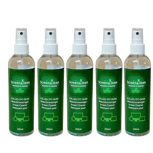 ROGGE Screen Clean, 5x 250ml Bildschirmreiniger, 100% Recycling R-PET hochwirksamer und sparsamer Premium Bildschirmreiniger für alle Displays geeignet. Streifenfreie Reinigung und biologisch abbaubar
