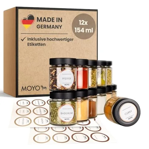 MOYO Gewürzgläser Set mit Etiketten - 12er Set für optimale Küchenorganisation - Gewürzgläser mit luftdichtem Verschluss, ideal zur Aufbewahrung von Gewürzen und Kräutern. Klimaneutral und wiederverwendbar, mit stilvollen Etiketten für eine elegante Küchenpräsentation.