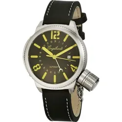 Herren Automatik Leder Armbanduhr schwarz gelbe Ziffern 5 ATM