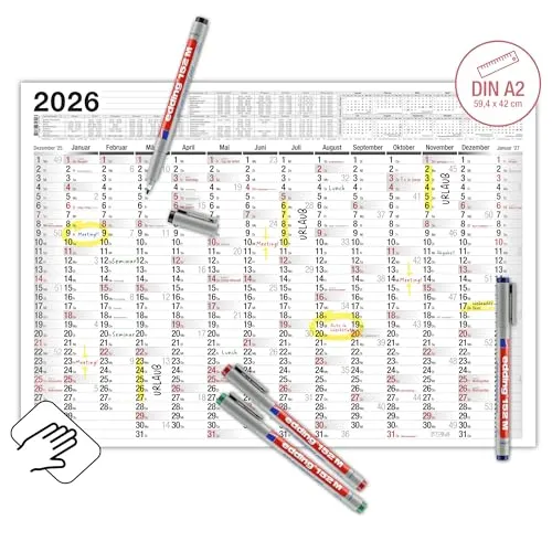 TOBJA Abwischbarer Wandkalender 2026 A2 inkl. 4 Markenstifte | Kalender 2026 A2, gerollter Versand, 14 Monate | Jahreskalender mit Ferien 2026 | 250g/m² Papier