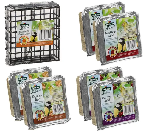 Dehner Natura Premium Wildvogelfutter - Futtertafeln Mix mit Beeren, Erdnuss und Insekten - Vogelfutter mit 6 x 300 g proteinreichen Futtertafeln und praktischem Spender, ideal für ganzjährige Fütterung und extra Energie für Wildvögel.