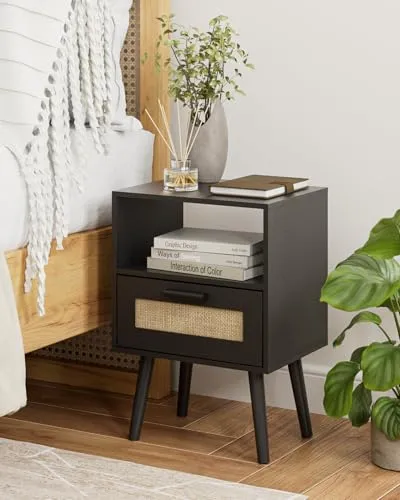 HEYZOEY Nachttische Rattan - Beistelltisch mit handgefertigten Rattan-Schubladen - Eleganter Nachttisch im Bohème-Stil: Handgefertigte Rattan-Schubladen, kompakte Größe mit großem Stauraum, ideal für Schlafzimmer und kleine Räume.