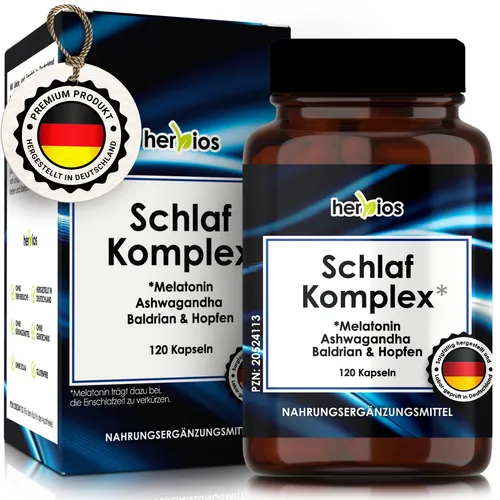 HERBIOS Melatonin Schlaf Komplex – 120 vegane Kapseln – Melatonin zur Verkürzung der Einschlafzeit – Mit GABA, Ashwagandha, Baldrian & Hopfen