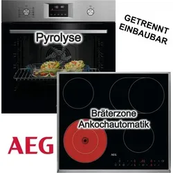 AEG Herdset Pyrolyse SurroundCook® Edelstahl mit Antifingerprint + Glaskeramikkochfeld Bräterzone Edelstahlrahmen Restwärmeanzeige