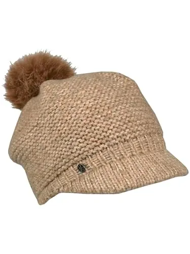 LOEVENICH Gestrickte Ballonmütze | Mit Kunstfellbommel | OneSize | Warme Wintermütze für Damen Toffee