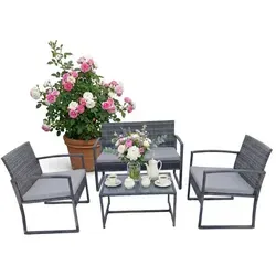 relaxdays 4-teiliges Gartenmöbel Set Rattan - Grau - Elegantes 4-teiliges Gartenmöbel-Set aus wetterbeständigem Rattan für Terrasse, Balkon oder Garten. Bequeme Sitzgelegenheiten für bis zu 4 Personen mit weichen Auflagen. Pflegeleicht und langlebig, ideal für gesellige Abende.