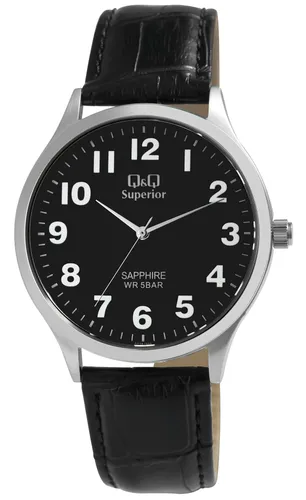 Q&Q Superior Herrenuhr mit Echtlederarmband, Edelstahlgehäuse, Saphirglas, 5 bar