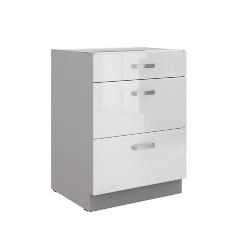Unterschrank 60 Bianca Weiss Hochglanz + Grau - Einbauküchen-Komponenten mit modernem Design und Soft-Close Mechanismus für sanftes Schließen der Schubkästen. Ideal für eine elegante und funktionale Kücheneinrichtung.