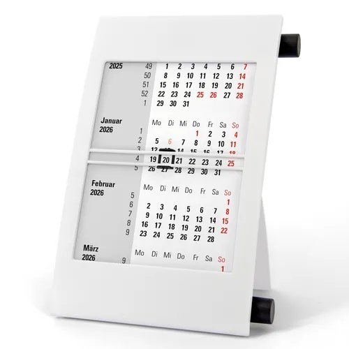 3-Monats-Tischkalender für 2026 & 2027 mit Drehmechanik - weiß/schwarz